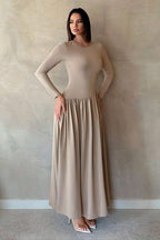 Minimalist Pleated Slim-Fit Maxi Dress-Apricot