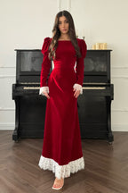 Slim-Fit Lace Patchwork High-End Designer Maxi Dress-Red