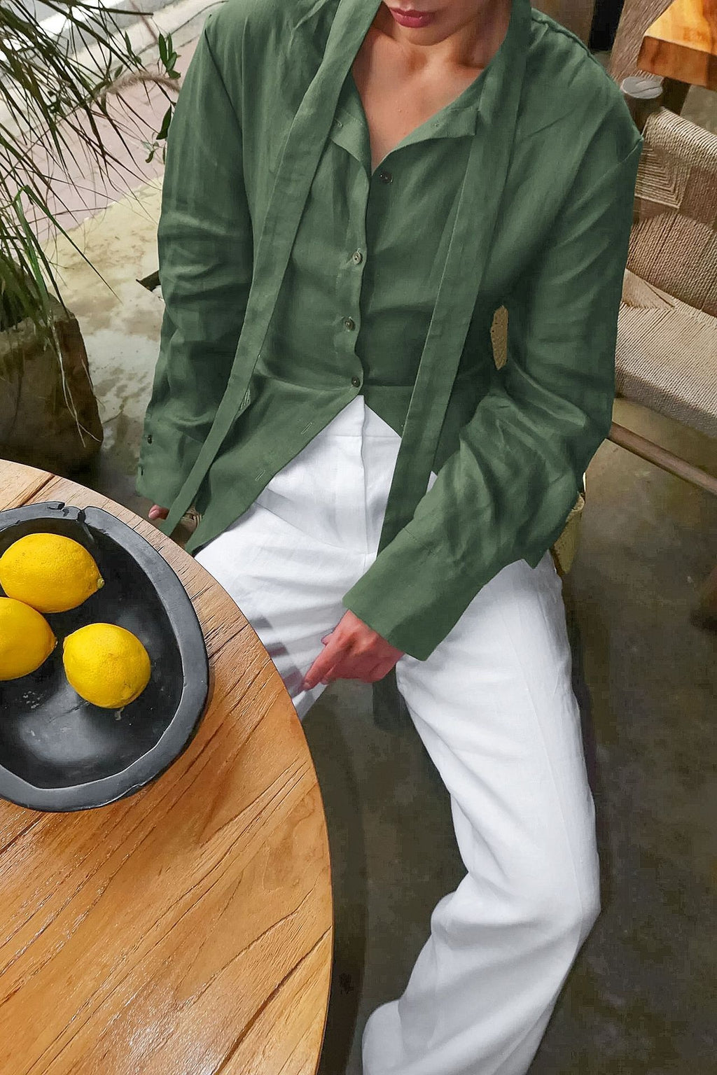 Isabella Linen Tie Blouse Shirt-Green