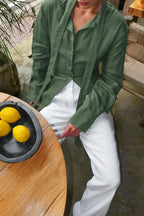 Isabella Linen Tie Blouse Shirt-Green