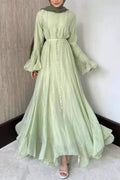 Button Down Cascade Ruffle Sleeve Dress-Green