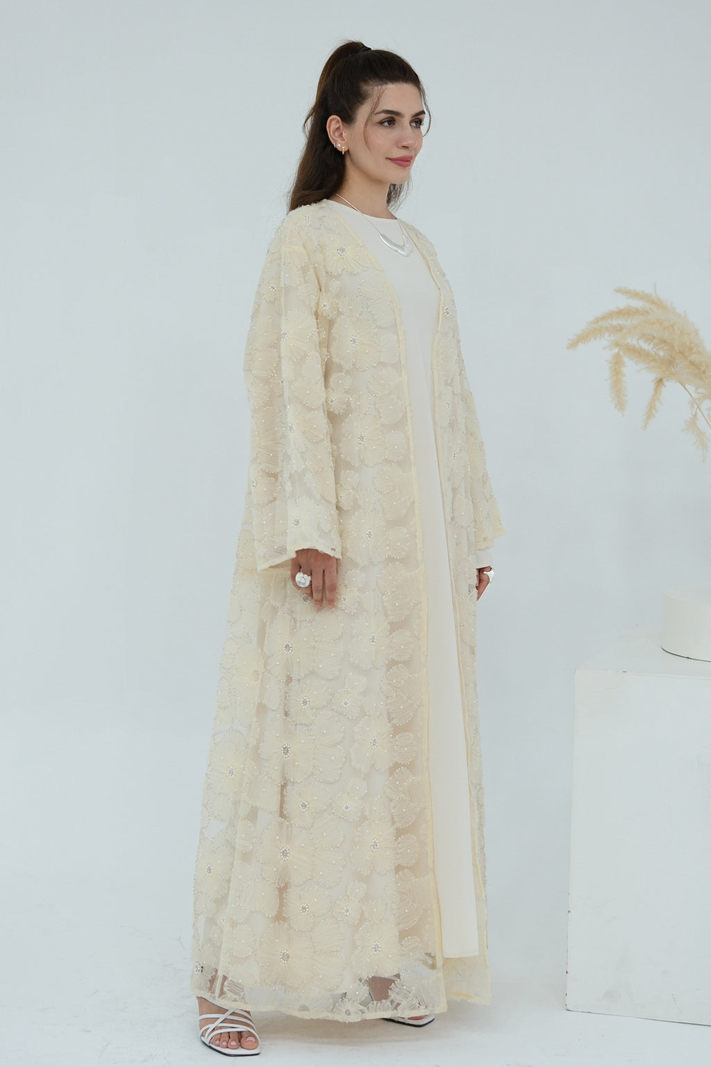 Hand-Beaded Floral Mesh Abaya Two-Piece Set-Apricot