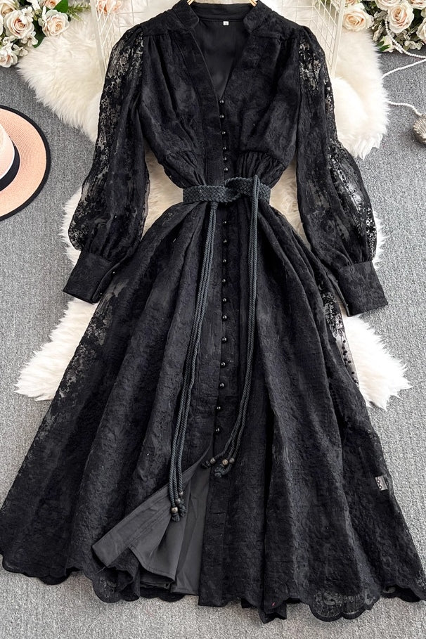 Elena Lace Embroidered Buttoned Maxi Dress-Black