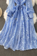 Elena Lace Embroidered Buttoned Maxi Dress-Blue