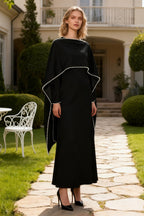 Pearl-Trimmed Cape Modest Evening Gown-Black