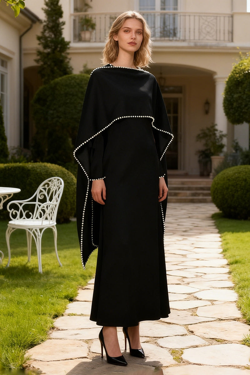 Pearl-Trimmed Cape Modest Evening Gown-Black