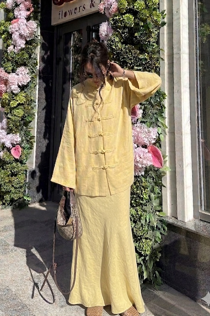 Mandarin Collar Knot-Button Modest Two-Piece Co-Ord Set-Yellow