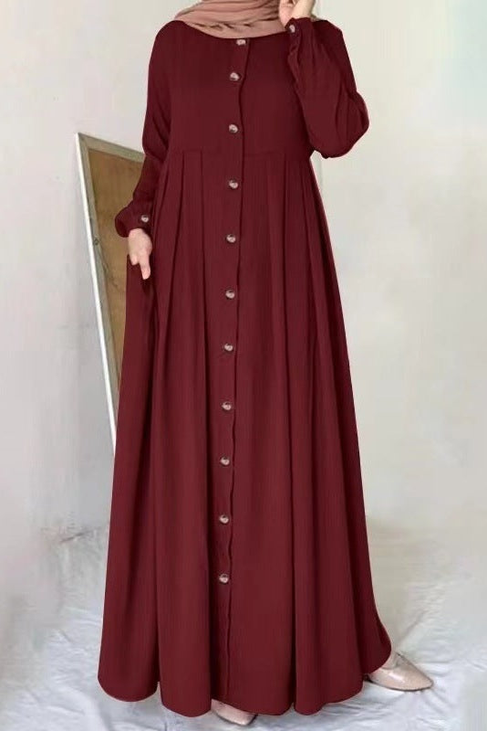 Sophisticated Pleated-Waist Shirt Dress-Red