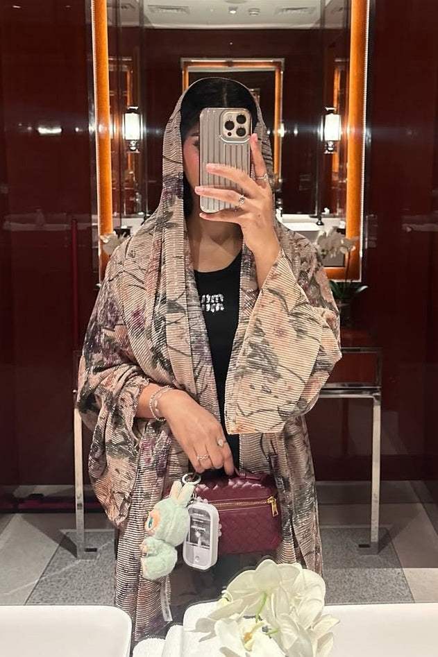 Floral Print Sheer Open Abaya & Matching Hijab Set