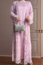 Hand-Beaded Floral Mesh Abaya Two-Piece Set-RoseRed