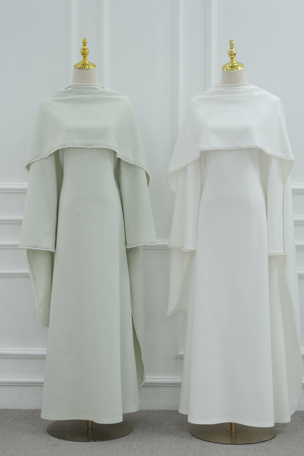 Pearl-Trimmed Cape Modest Evening Gown-Green