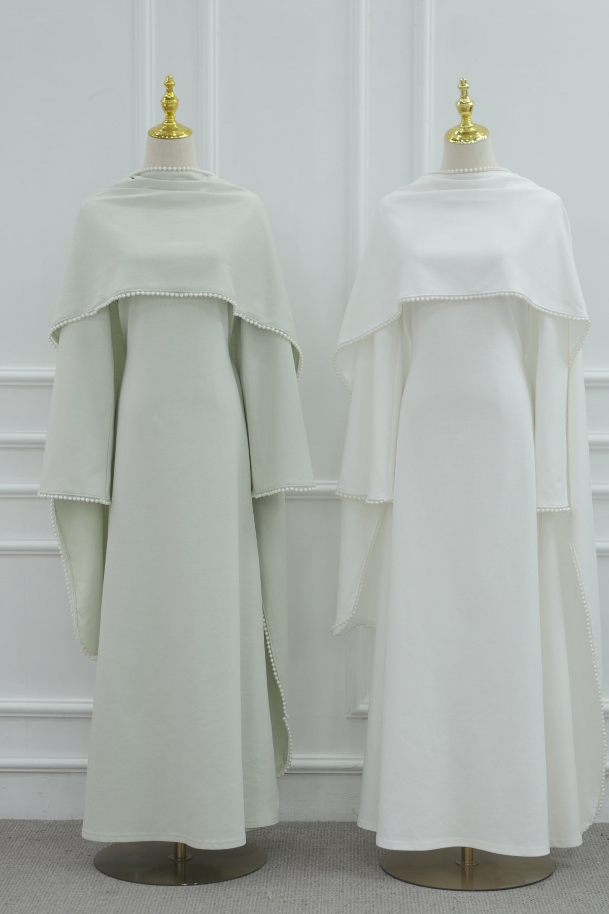 Pearl-Trimmed Cape Modest Evening Gown-Green