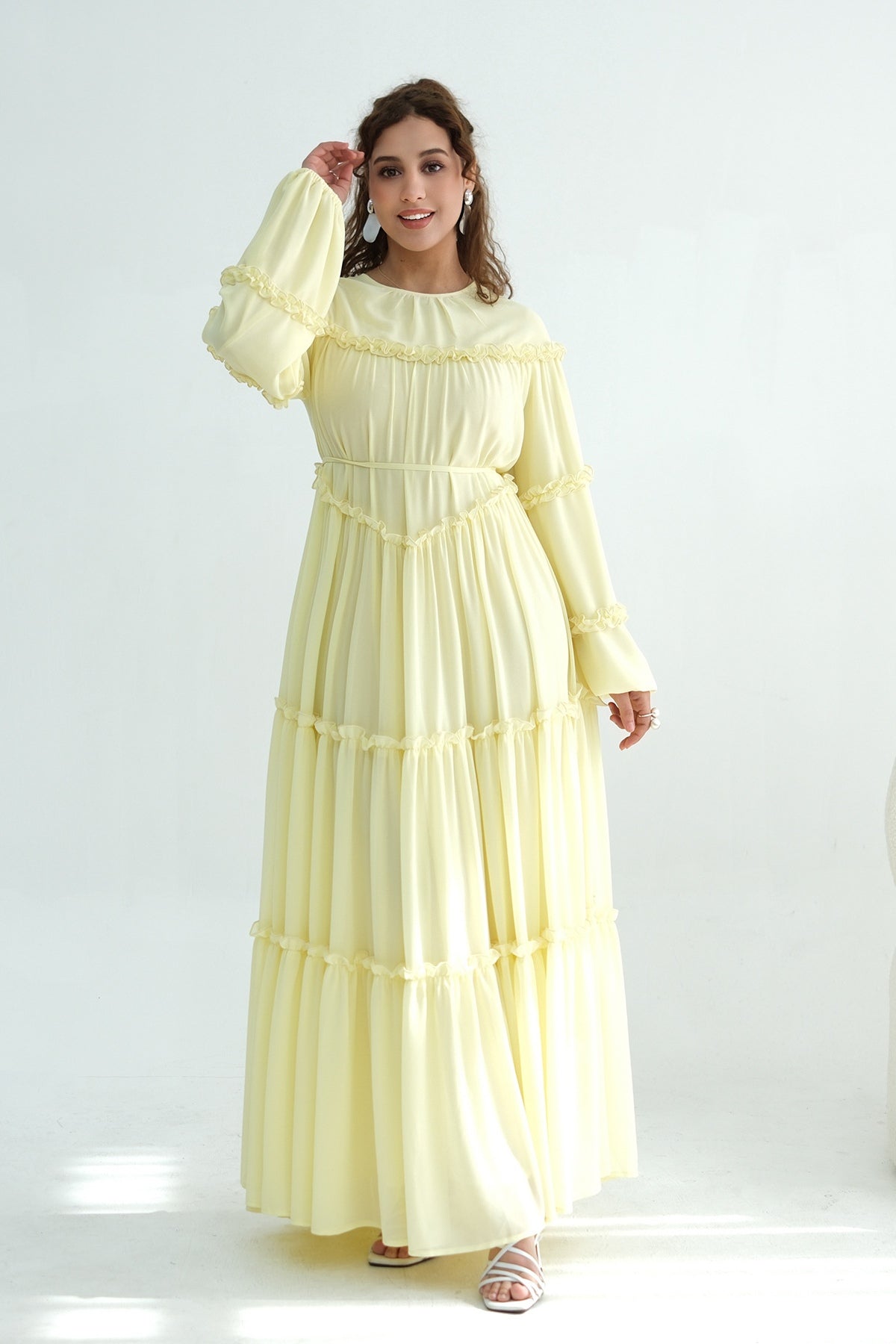 Tiered Ruffle Chiffon Maxi Dress-Yellow