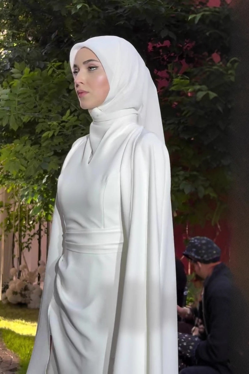 White Modest Cape-Sleeve Maxi Dress