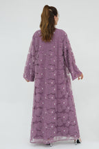 Hand-Beaded Floral Mesh Abaya Two-Piece Set-DarkPurple