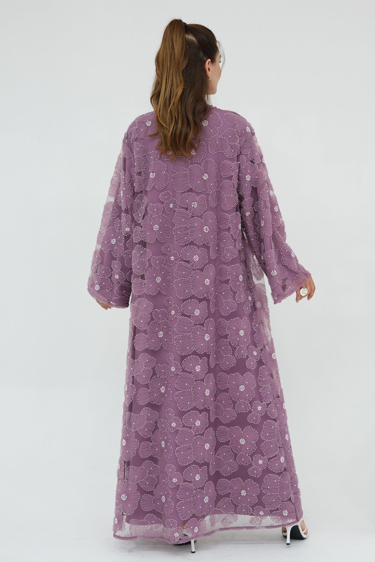 Hand-Beaded Floral Mesh Abaya Two-Piece Set-DarkPurple