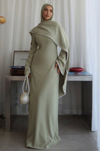 Pearl-Trimmed Cape Modest Evening Gown-Green