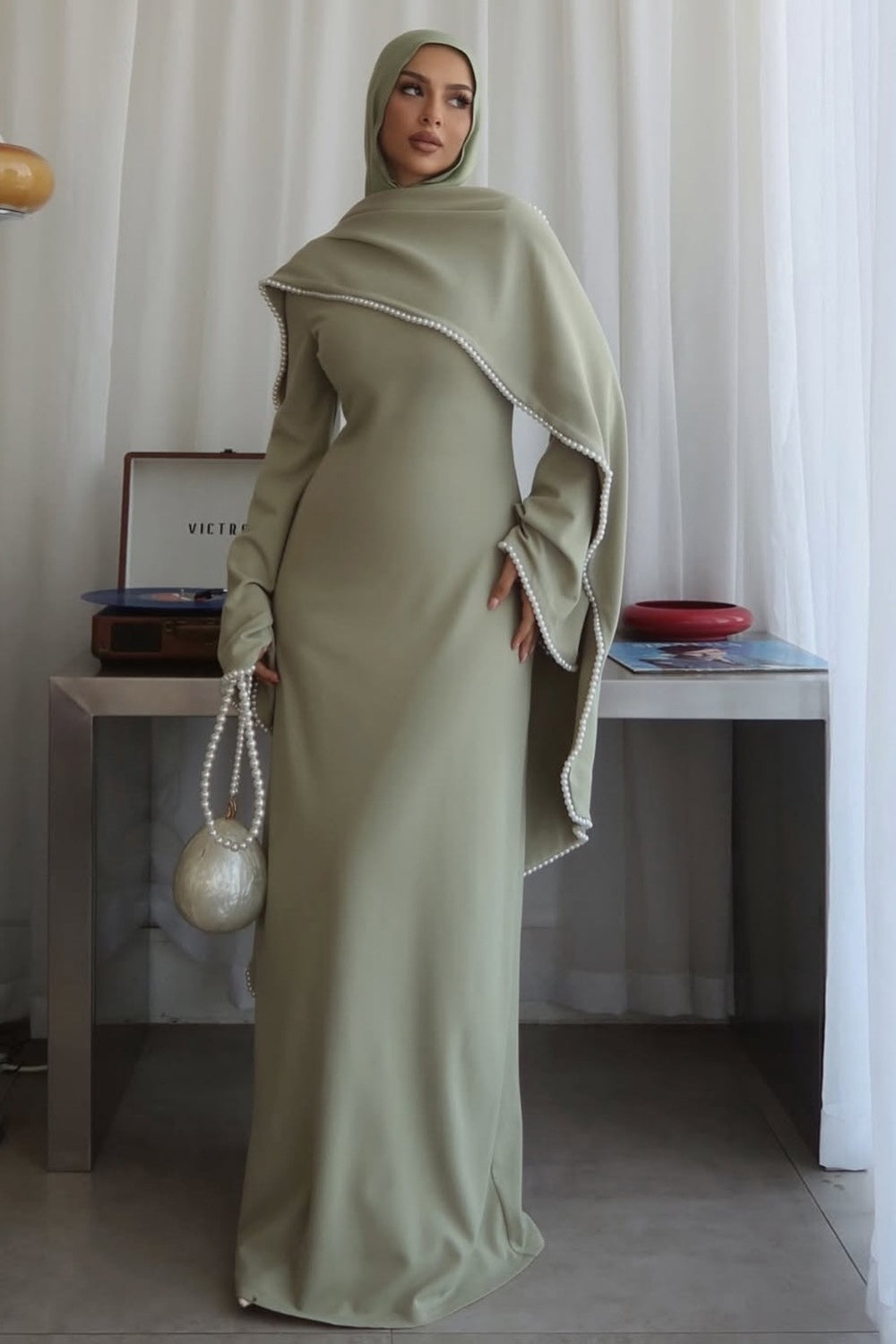 Pearl-Trimmed Cape Modest Evening Gown-Green