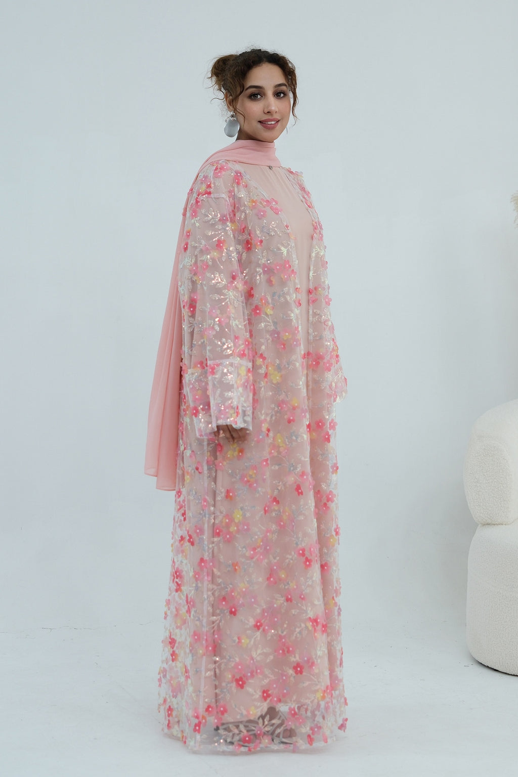 Hand-Beaded Floral Open Abaya Three-Piece Set with Matching Inner Dress & Hijab-Pink