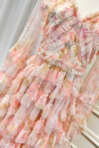 Intricate V-Neck Pleated Maxi Dress with Ruffled Hem and Puff Sleeves