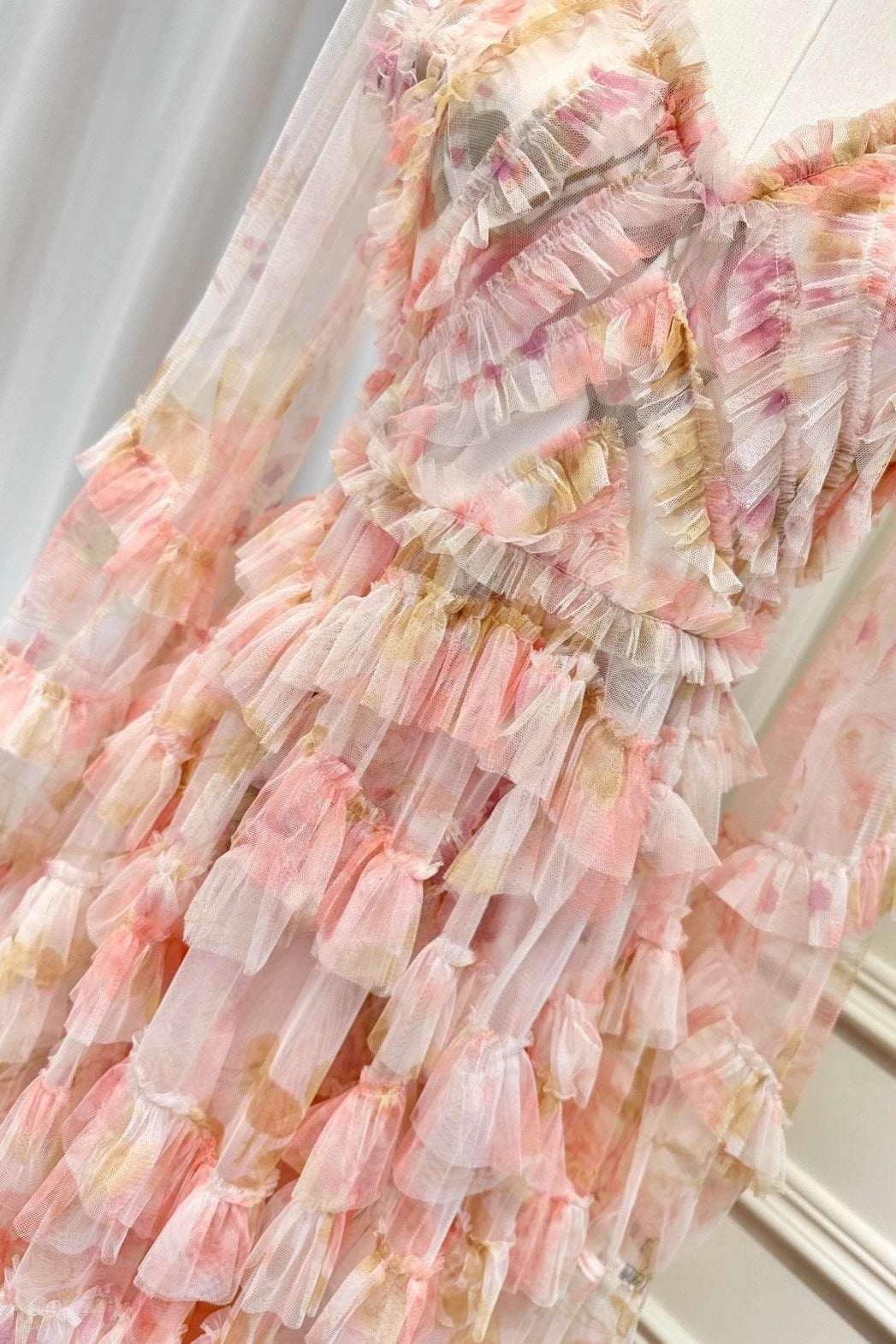Intricate V-Neck Pleated Maxi Dress with Ruffled Hem and Puff Sleeves