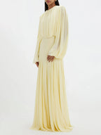 Zoe Pleated Chiffon Long Sleeve Maxi Gown-Yellow