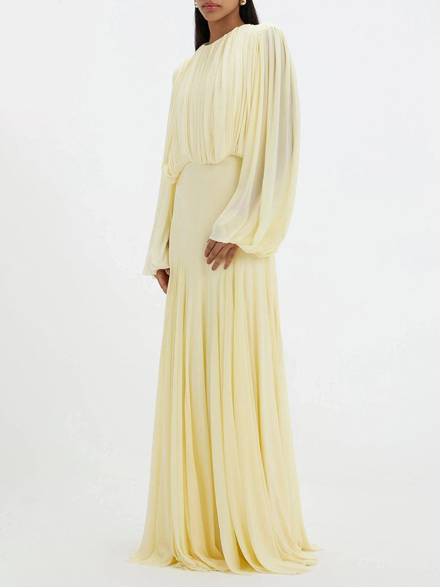 Zoe Pleated Chiffon Long Sleeve Maxi Gown-Yellow
