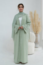 Floral Lace Trim Open Abaya & Matching Hijab Two-Piece Set-Green