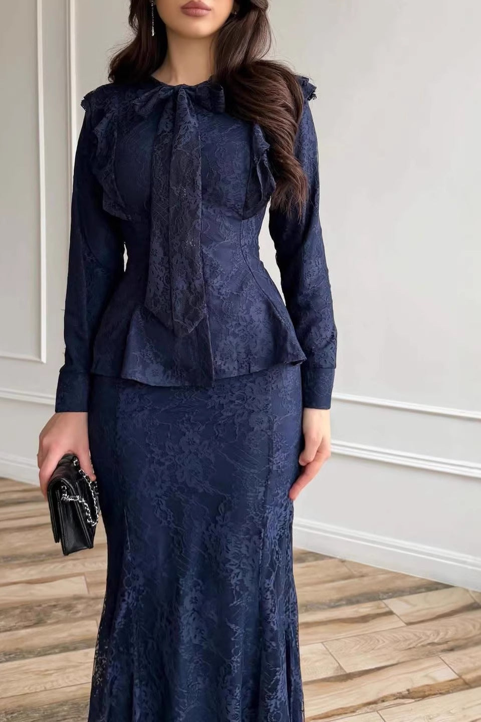 Lace Ruffle Peplum Mermaid Skirt Set-Blue