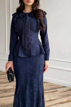 Lace Ruffle Peplum Mermaid Skirt Set-Blue