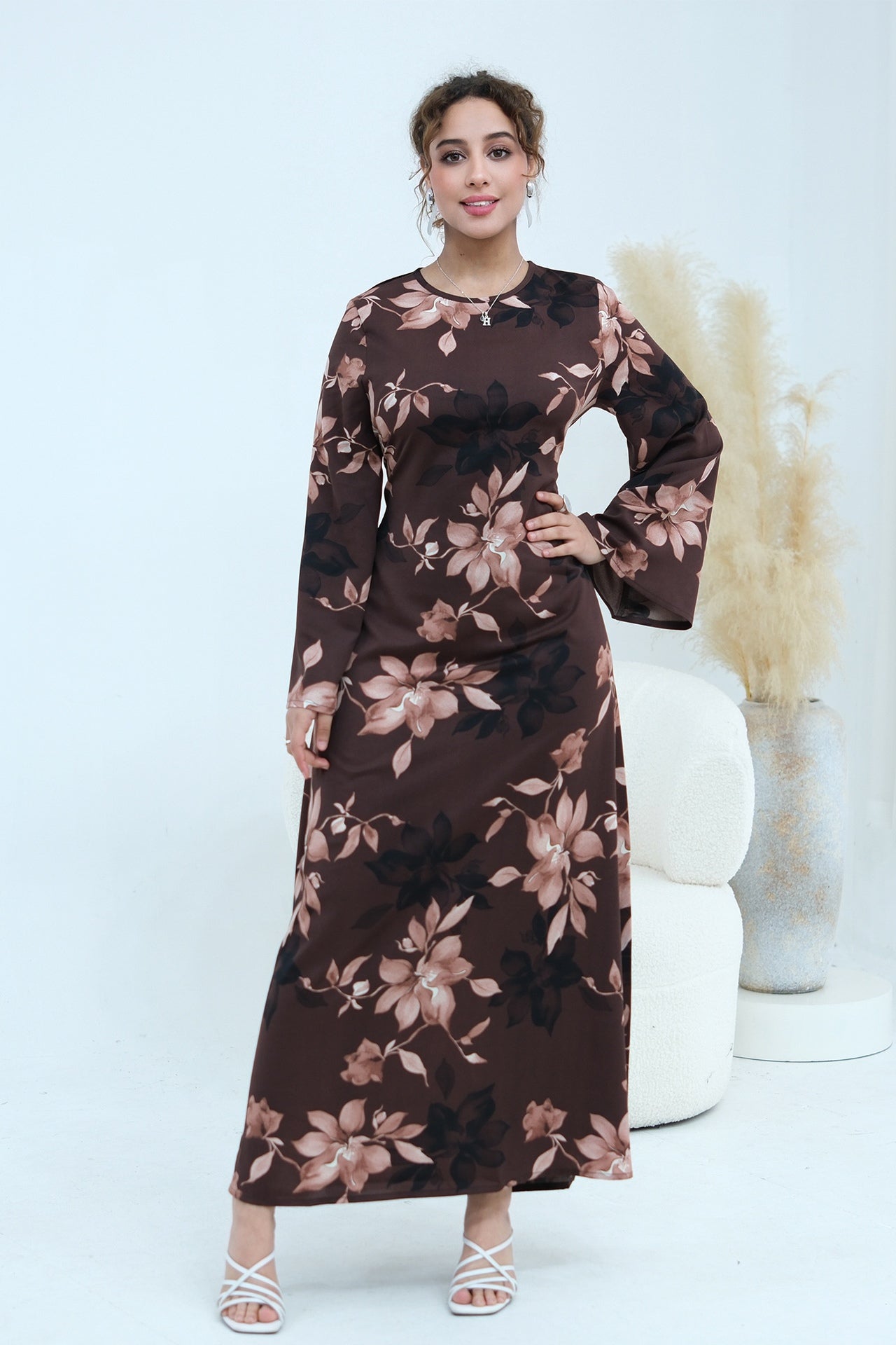 Bell Sleeve Floral Maxi Dress-Coffee