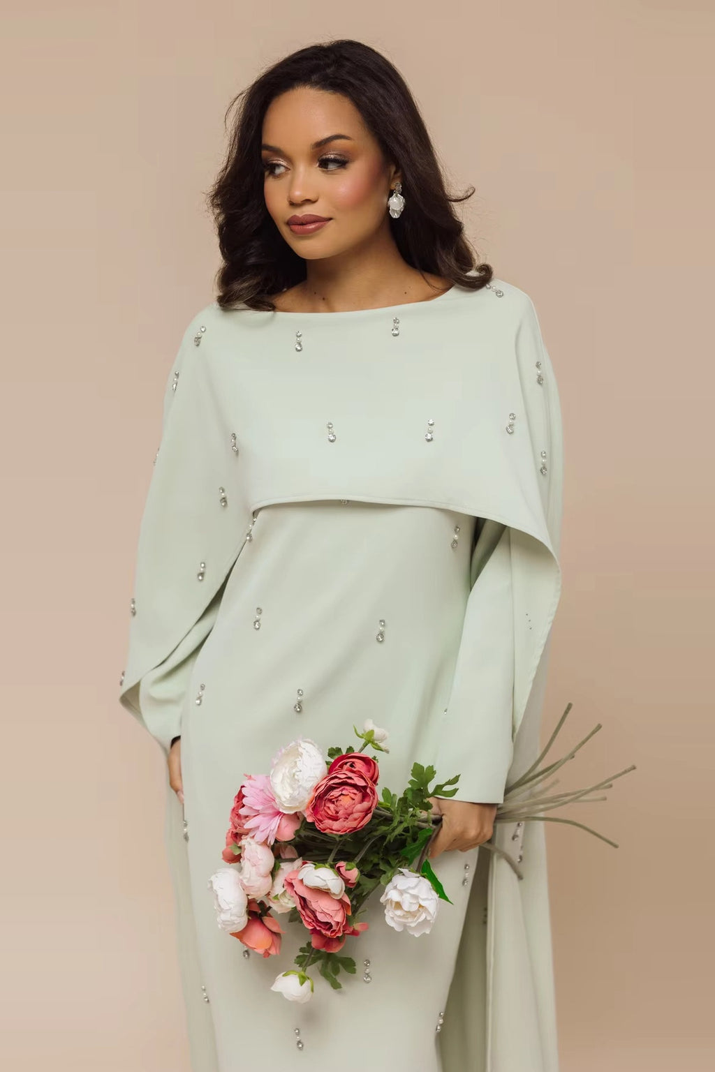 Embellished Cape-Sleeve Modest Two-Piece Gown-Green
