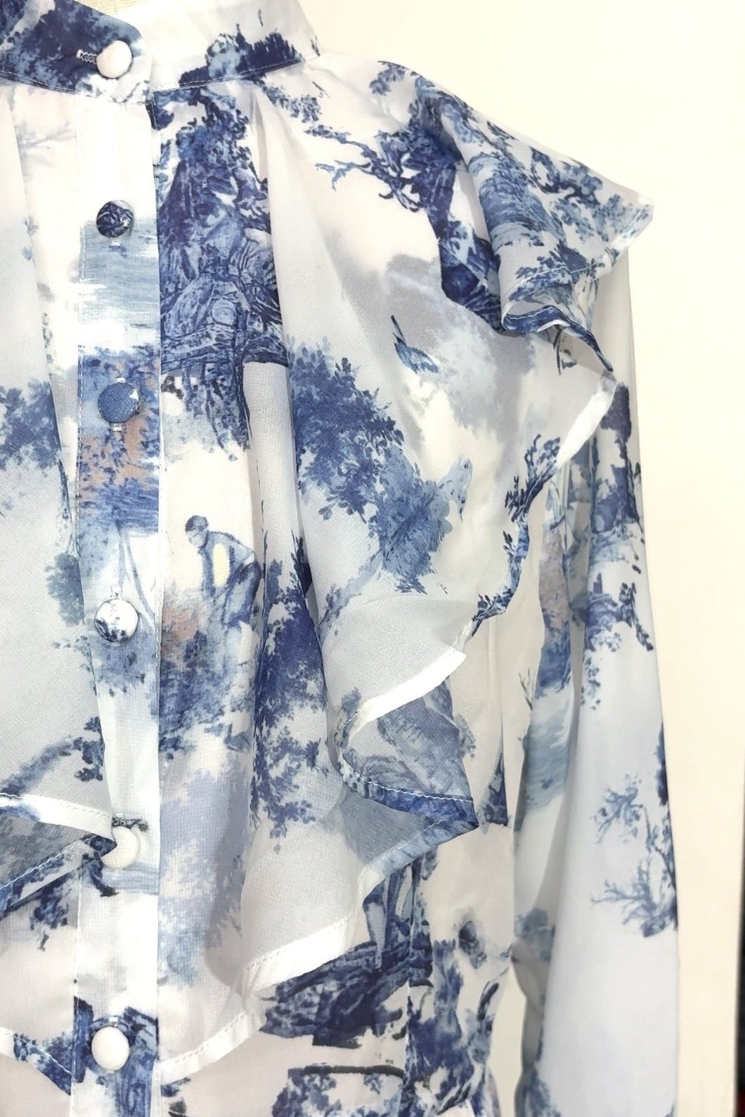 Vintage Toile de Jouy Inspired Flare Sleeve Modest Maxi Dress