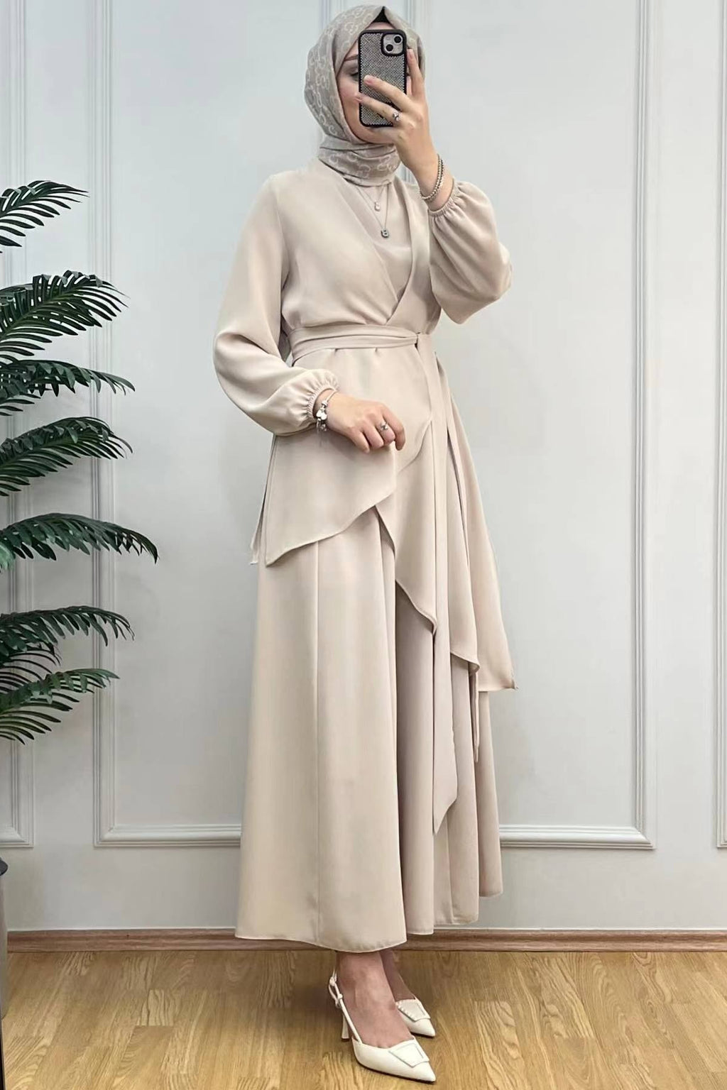 Asymmetrical Wrap Tunic & Wide-Leg Trouser Chiffon Set-Apricot