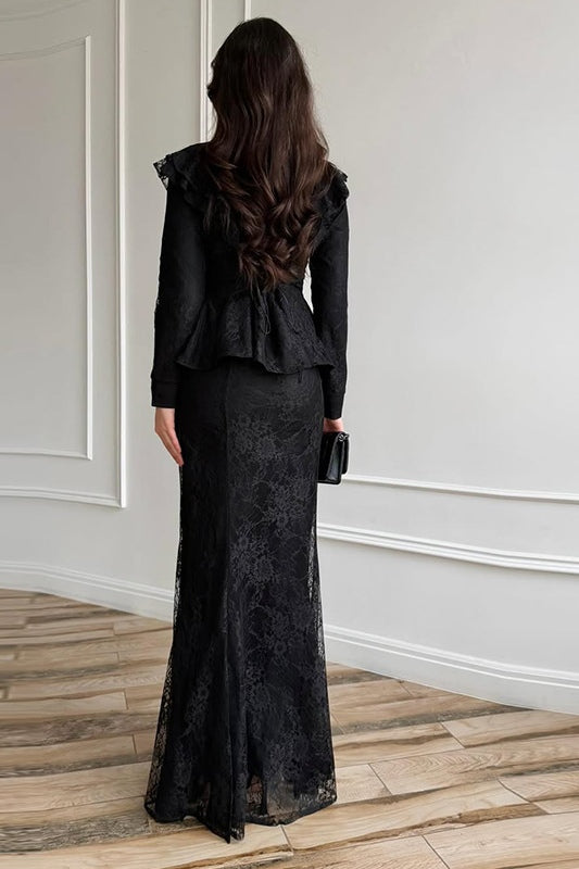 Lace Ruffle Peplum Mermaid Skirt Set-Black