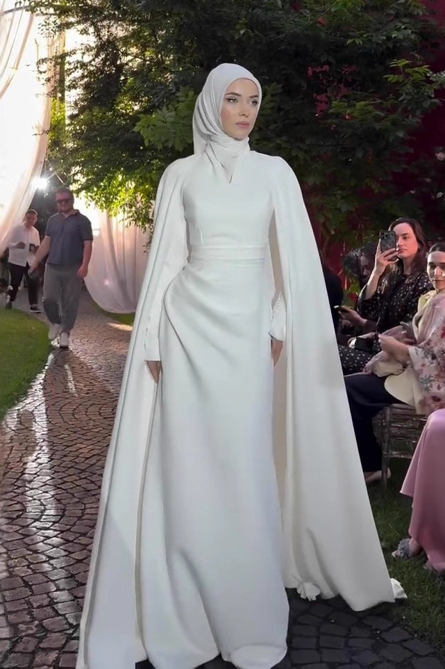 White Modest Cape-Sleeve Maxi Dress – Noraya