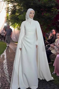 White Modest Cape-Sleeve Maxi Dress