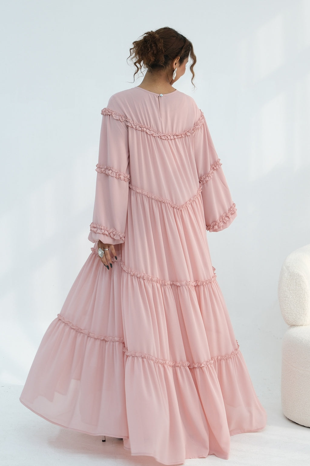 Tiered Ruffle Chiffon Maxi Dress-Pink