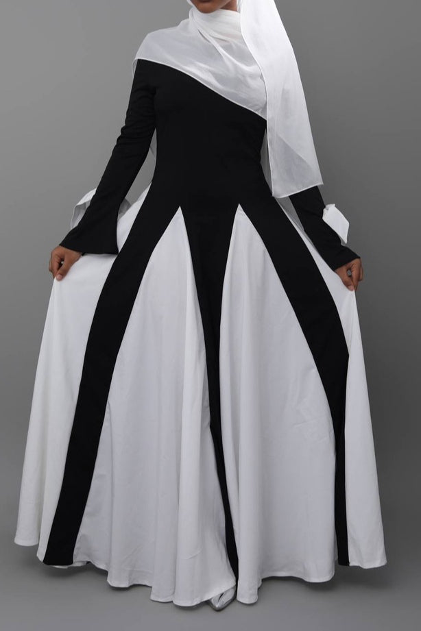 Black & White Color-Blocked Modest Maxi Dress