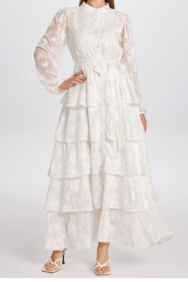 Freya Embroidered Tiered Button Front Dress-White