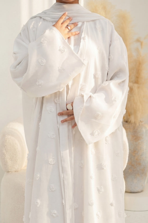 3D Floral Applique Open Abaya & Matching Hijab Two-Piece Set-White