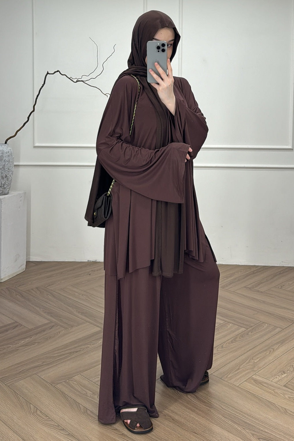 Draped Oversized Tunic & Wide-Leg Trouser Two-Piece Set-Brown