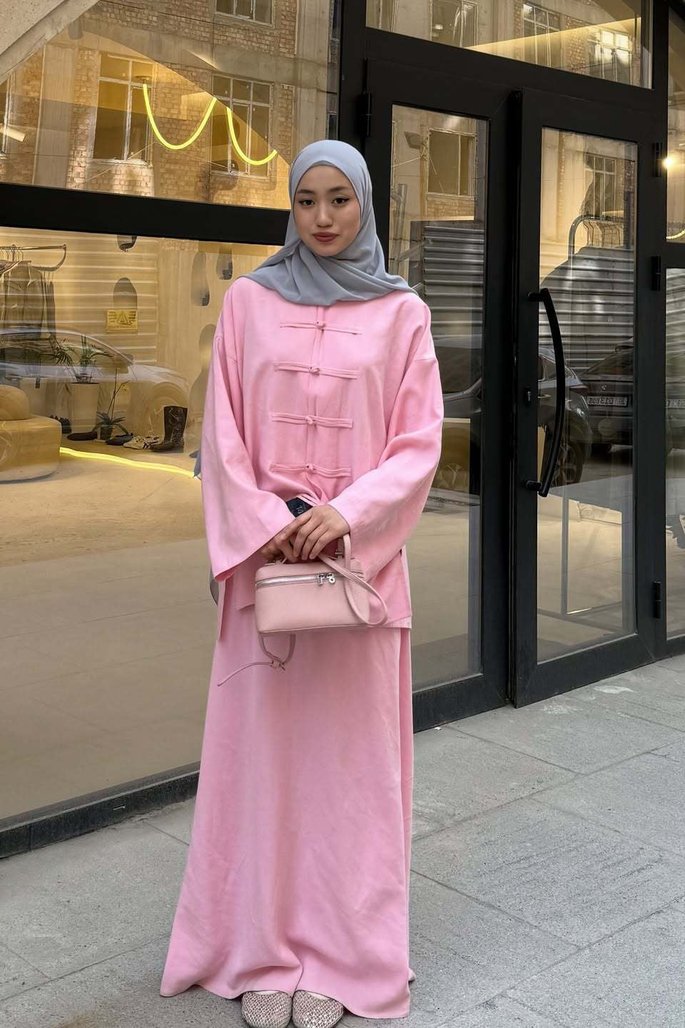Mandarin Collar Knot-Button Modest Two-Piece Co-Ord Set-Pink