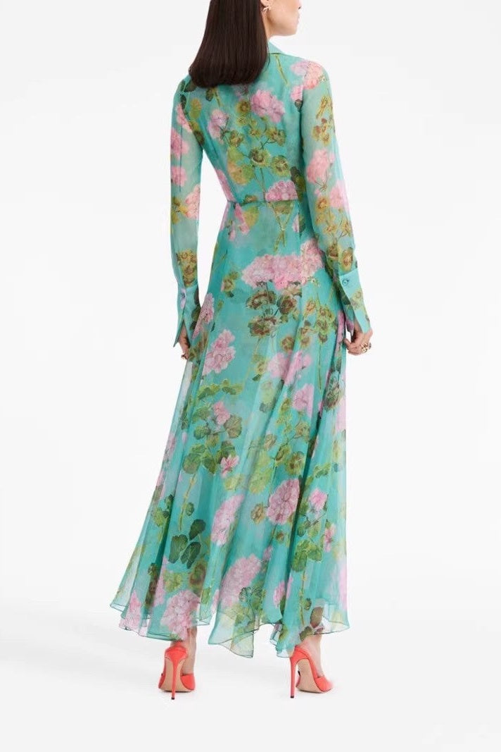 Botanical Green Floral Print Single-Breasted Modest Maxi Dress