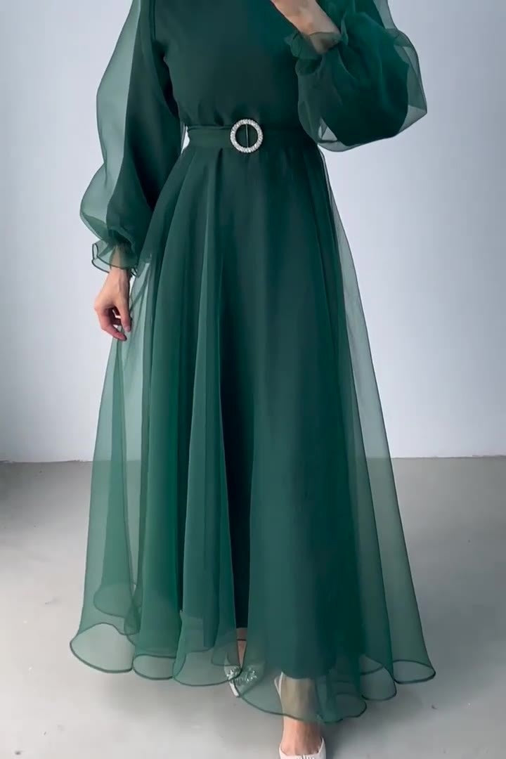 Tulle Overlay Modest Maxi Dress-Green