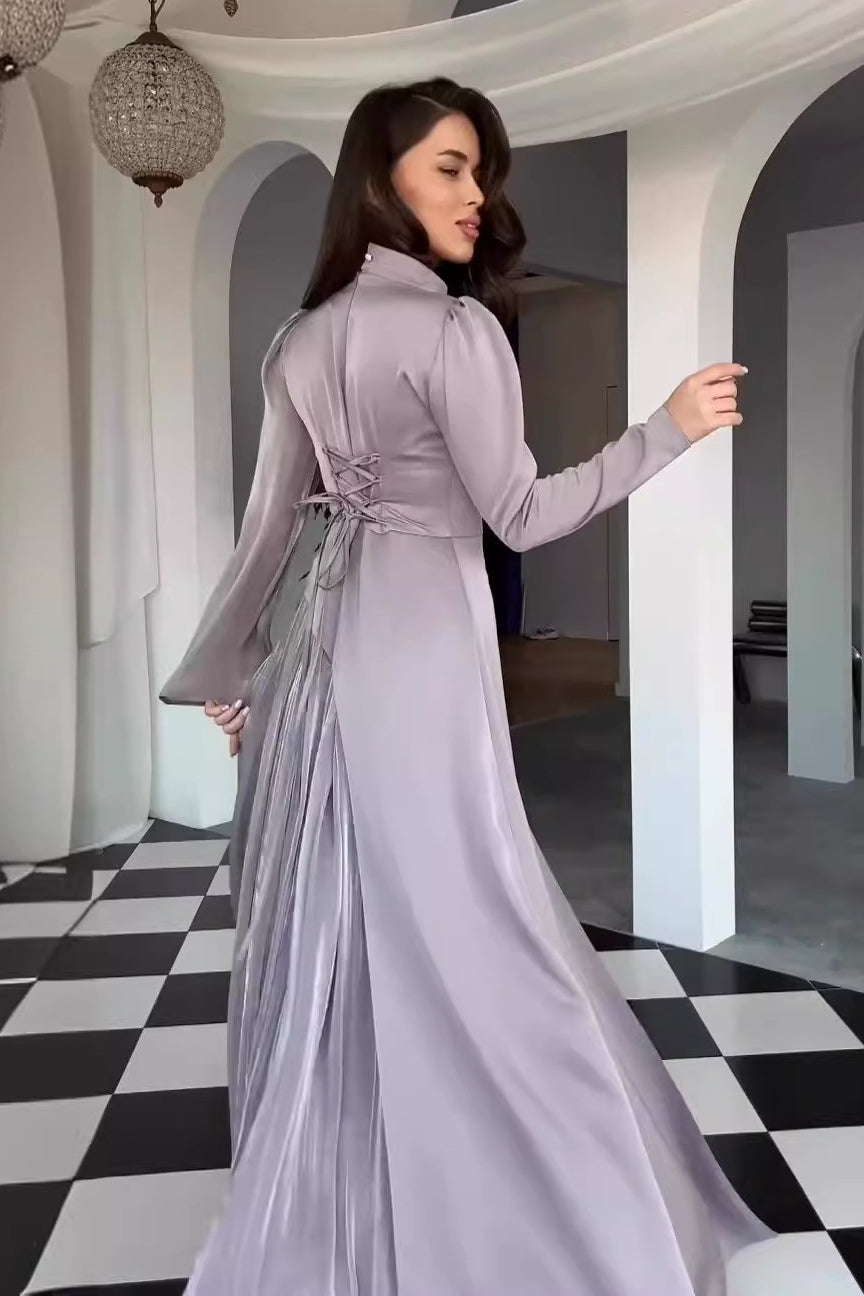 Two-Tone Asymmetrical High-Neck Maxi Dress-Purple