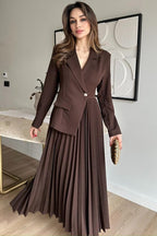 Amara Blazer Pleated Maxi Dress-Brown