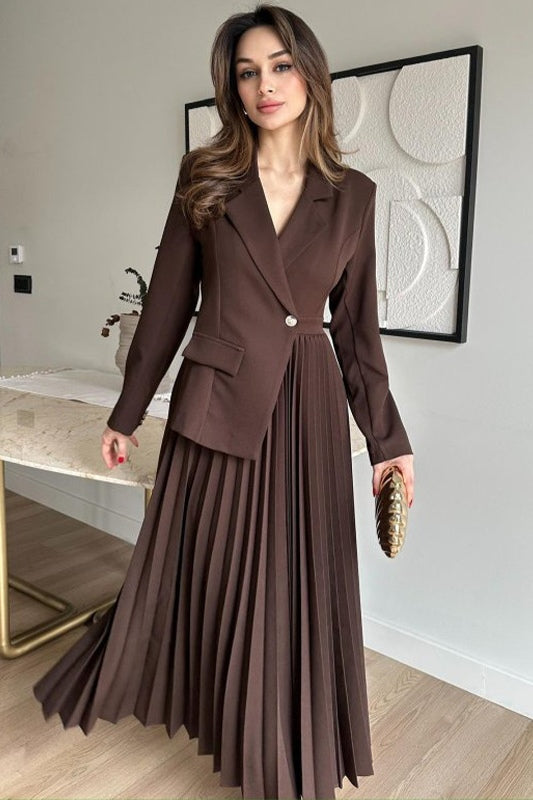 Amara Blazer Pleated Maxi Dress-Brown