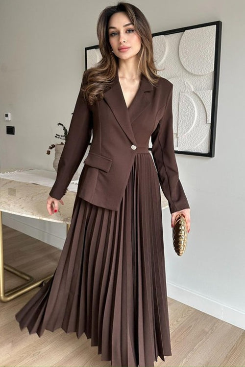 Amara Blazer Pleated Maxi Dress-Brown
