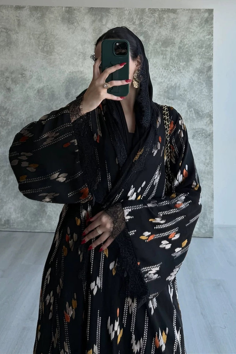 Lace-Trimmed Printed Open Abaya & Hijab Set